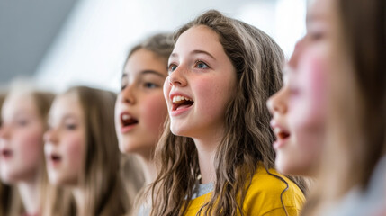 Obraz premium Young singers enthusiastically performing under the guidance of a conductor in a vibrant rehearsal setting