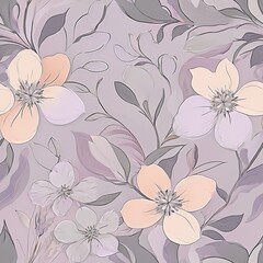 Seamless whimsical floral pattern with soft lavender, peach, and misty grey tones.
