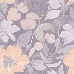 Fototapeta premium Seamless whimsical floral pattern with soft lavender, peach, and misty grey tones.