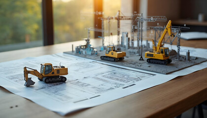 construction site miniature model on a table with a excavator, cranes, and architectural blueprints
