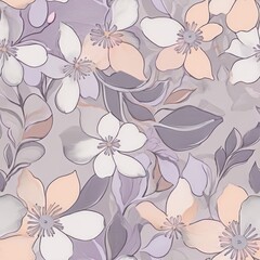 Seamless whimsical floral pattern with soft lavender, peach, and misty grey tones.