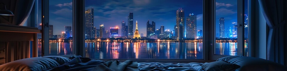 Obraz premium Nighttime bedroom, window open to cityscape, Bangkok skyline, glowing skyscrapers, reflections on water, cozy bed space.