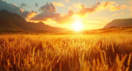 Obraz premium Golden Wheat Field Sunset Over Mountain Range