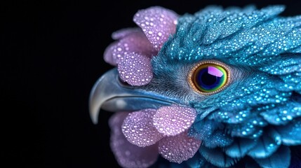 Obraz premium Blue Bird with Water Drops and Eye Close Up Fantasy Creature AI Art