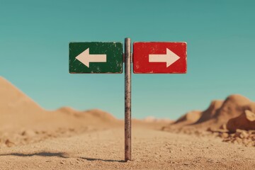 3D rendering of a crossroads sign labeled Left and Right, placed in the middle of a desert road, glowing textures, Left vs Right sign, Navigating life s choices