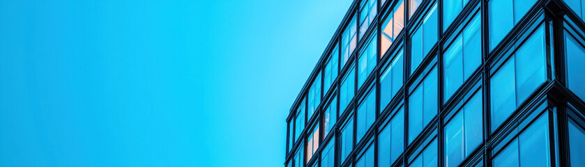 Modern architectural design featuring glass building against bright blue sky, showcasing sleek lines and reflective surfaces that evoke sense of innovation and elegance