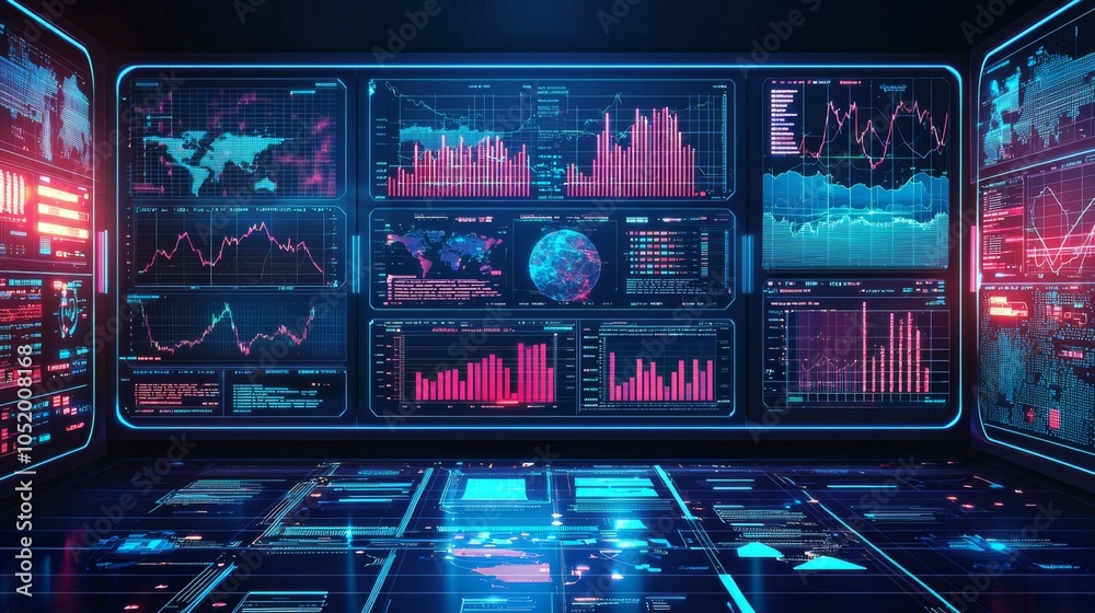 Wall mural a futuristic control room displaying multiple screens, visualizing global data, ai predictions, and 