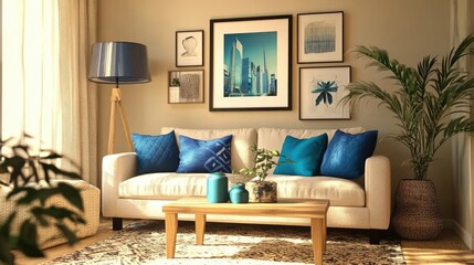 Obraz premium Creative composition of cozy living room interior with mock-up poster frame, modular sofa, blue pillows, wooden coffee table, patterned rug, beige wall, and personal accessories. Home decor template