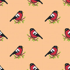 Fototapeta premium Knitted pattern. The bullfinch bird is sitting on a branch. Vector illustration. Realistic texture of knitted woolen fabric. A Christmas sweater. New Year's background. Winter holidays. Flat style.