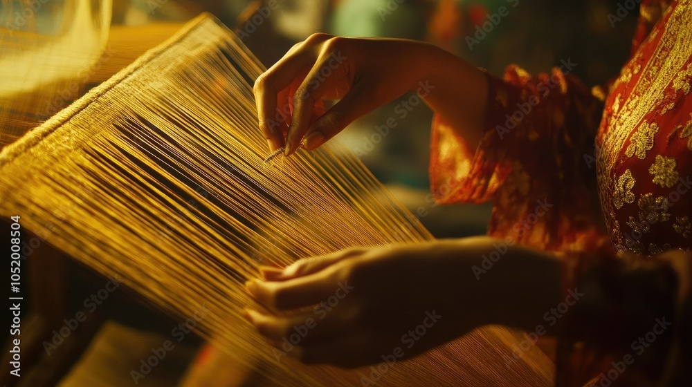 Poster an artistic close-up of the hand weaving process of thai silk, highlighting the expert technique and