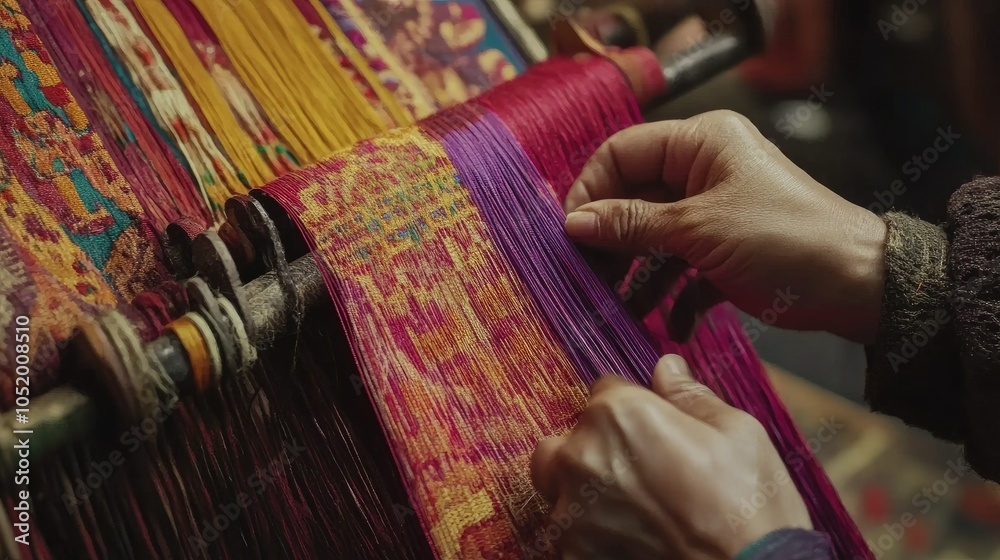 Poster an artistic close-up of the hand weaving process of thai silk, highlighting the expert technique and