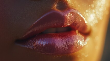 Obraz premium Close-up shot of elegant pink lips, gleaming with gloss, showcasing their beautiful texture and alluring charm in soft, natural light