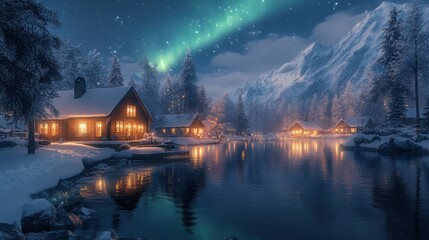 Fototapeta premium Winter Serenity with cozy cabins, glowing under the aurora, nestled by a tranquil lake, surrounded by snow-covered mountains, creating a magical winter landscape.