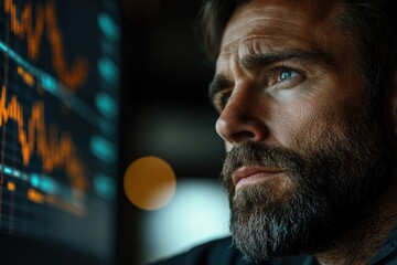 Focused man analyzing stock market data on a digital screen, representing financial insights and investment strategies in a modern setting.