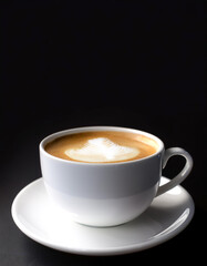 Obraz premium Hot latte coffee in white ceramic cup on side position provides copy space for text. background concept isolated dark background