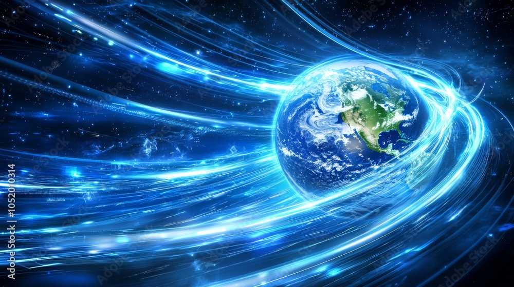 Wall mural glowing data streams wrapping around earth, symbolizing global communication and technological advan