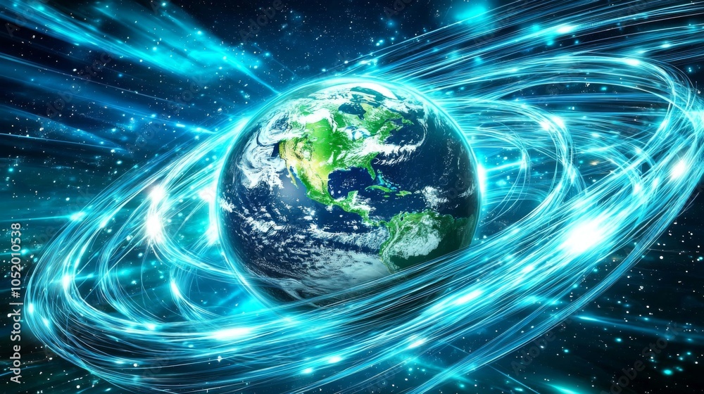 Wall mural glowing data streams wrapping around earth, symbolizing global communication and technological advan