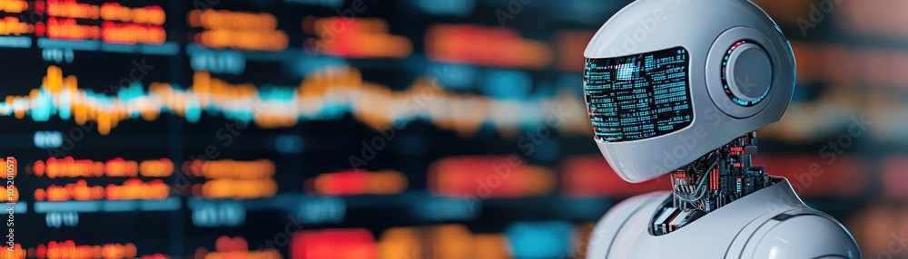 Poster a futuristic robot with a sleek design, set against a backdrop of colorful data visualizations, repr