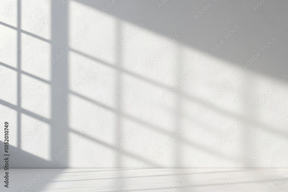 Wall mural bright and minimalistic interior with shadows from a window casting patterns on a smooth white wall,