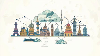 Naklejka premium Abstract representation of cloud computing linking different global cities, each with distinct landmarks