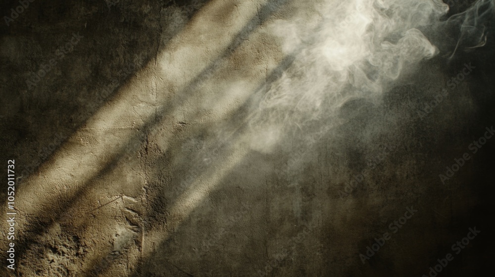 Poster dim, ethereal light beams cut through smoke, creating a mysterious atmosphere against a textured bac