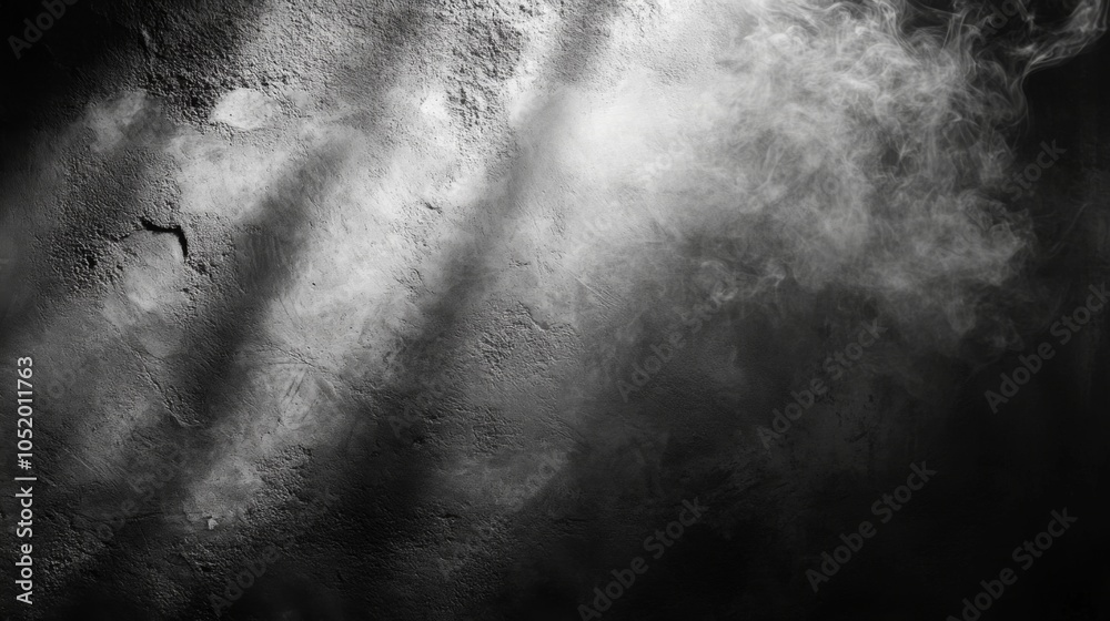 Poster A stunning monochrome image featuring ethereal beams of light piercing through a cloudy mist, creating a dramatic atmosphere.