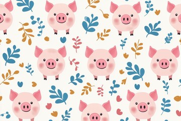 Obraz premium Charming pattern featuring playful pigs surrounded by colorful leaves and whimsical elements, perfect for organic and farm-themed designs.