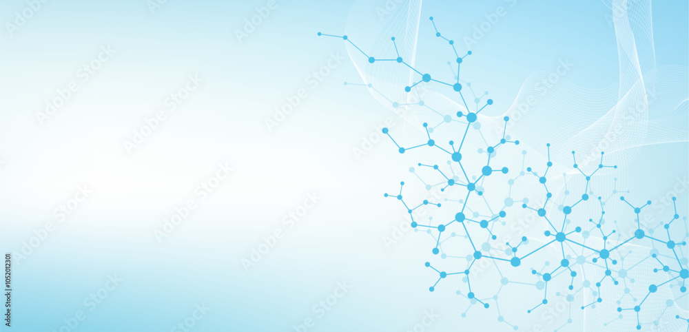 Poster Molecular abstract structure and genetic engineering DNA. Healthcare and medicine background concept. Scientific research background. Wave flow. Innovation pattern. Vector illustration.