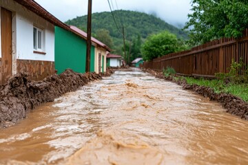 A flooded street after heavy rain, showcasing muddy water flowing between homes. A serene yet impactful scene of nature's force and urban resilience.