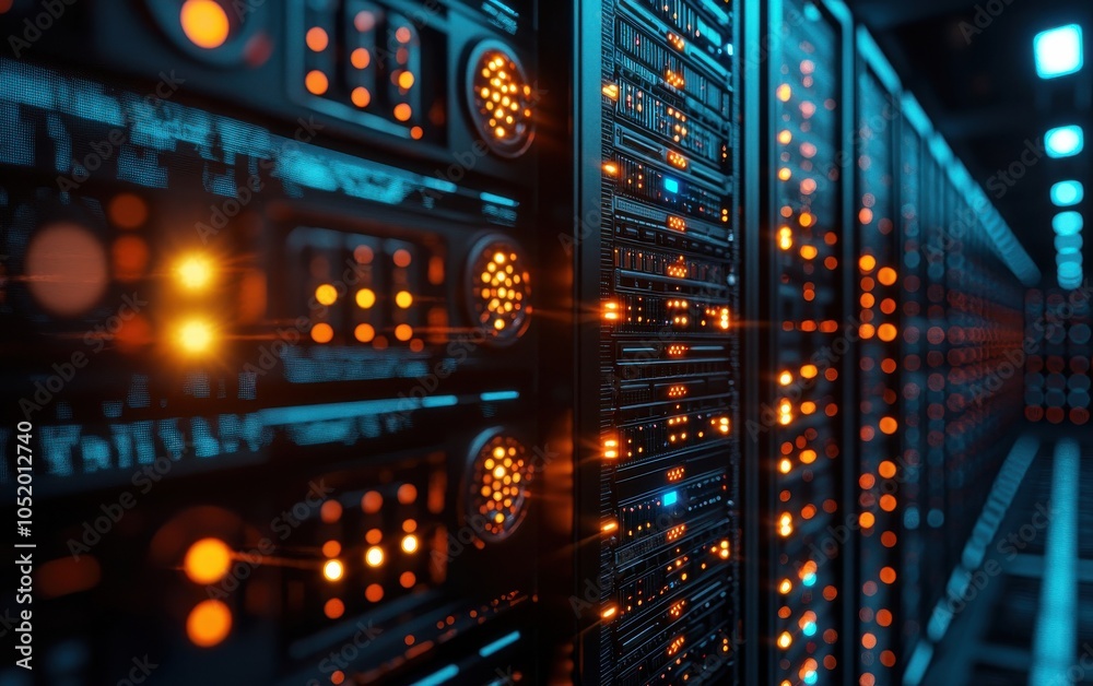 Poster high-tech data center with glowing servers, showcasing modern technology and efficient data processi