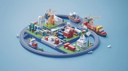 Fototapeta premium Global supply chain concept with interconnected factories, warehouses, and shipping across continents