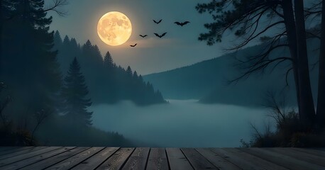 A full moon in a night sky with bats flying, surrounded by a dark, misty forest with a wooden platform in the foreground.