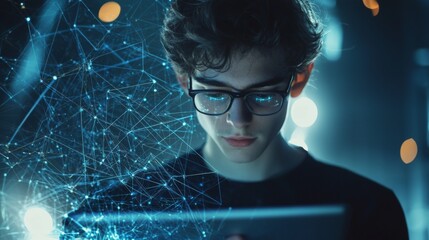 A young entrepreneur using a tablet, with a transparent overlay showing global network connections