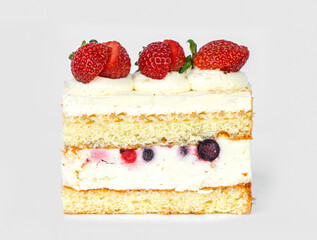 Delicious layered cake with cream and fresh strawberries displayed on a neutral background