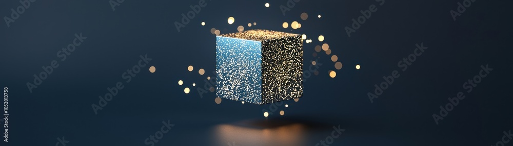 Poster a sparkling, floating cube with shimmering particles creates an enchanting visual effect against a d