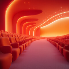 Obraz premium A red and orange movie theater with rows of orange chairs. The theater is empty and the seats are empty