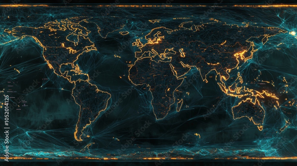 Sticker global trade routes visualized as glowing lines connecting continents on a digital world map