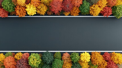 Aerial view of a scenic road surrounded by vibrant autumn trees in shades of red, orange, and yellow, showcasing the beauty of fall foliage.
