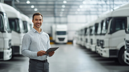Fleet Management with Tablet and Trucks in Warehouse: A person holding a tablet in front of a row of parked delivery trucks in a warehouse, representing logistics and fleet management.