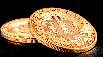 Bitcoin: Digital Gold. Two gleaming Bitcoin coins, their golden surfaces reflecting the light, lie side by side, symbolizing the future of finance and the power of cryptocurrency.