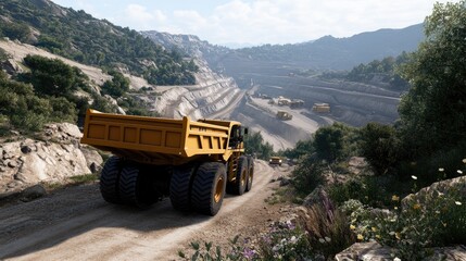 Obraz premium The yellow mining truck navigates through an open-pit mine surrounded by mountains and a clear sky, showcasing industrial activity