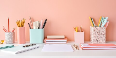 A neatly organized desk with colorful stationery and notebooks against a pastel wall.