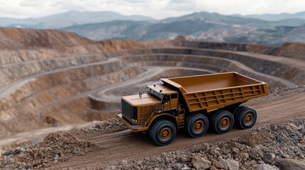 Obraz premium The yellow mining truck navigates through an open-pit mine surrounded by mountains and a clear sky, showcasing industrial activity