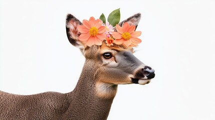 Obraz premium Deer with a floral crown, white isolated background.