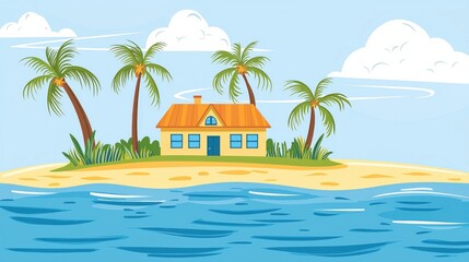 Obraz premium A vibrant tropical island scene featuring a charming house surrounded by palm trees and serene blue waters under a clear sky.