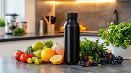 Black Water Bottle Surrounded by Fresh Fruits and Vegetables