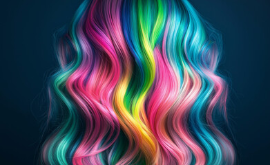 Fototapeta premium Woman with Vibrant Rainbow-Colored Hair: Back view of a woman with long, wavy hair dyed in a vibrant rainbow gradient, set against a blue background.