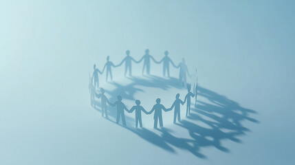 Fototapeta premium Paper Cutouts Holding Hands in Circle: Paper figures in a circle, holding hands, symbolizing unity, teamwork, and community support.