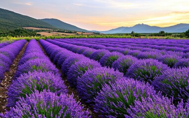 Obraz premium Vibrant lavender fields during sunset, showcasing rows of blooming purple flowers under a breathtaking sky with mountains in the background.