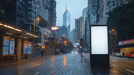 Fototapeta premium Large white cutout sign on a billboard by an empty bus stop, with a blurred backdrop of glass skyscrapers and street reflections